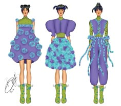 three models in purple and green outfits with blue flowers on the dress, one is wearing boots