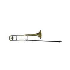 an old brass trombone on a white background with clippings to the left side