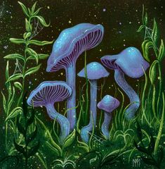 three blue mushrooms are in the grass under stars and moondusts on a black background