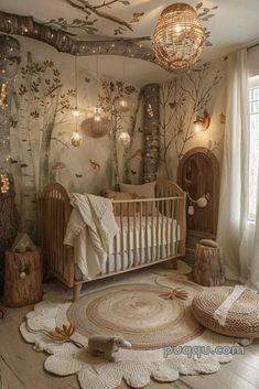 a baby's room is decorated in neutral tones and features trees, lights, and cribs