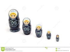 a set of five nesting dolls sitting next to each other