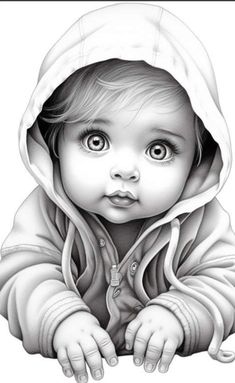 a black and white drawing of a baby wearing a hoodie, with the eyes wide open