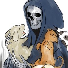 a drawing of a skeleton holding two dogs and a cat, with another dog in the foreground