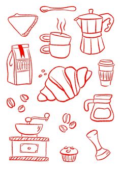 some coffee related items are drawn in red ink