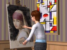 a woman is painting a picture on an easel