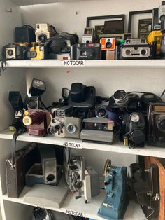 there are many different cameras on the shelves