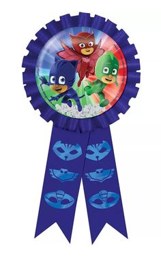 a blue ribbon with two cartoon characters on it