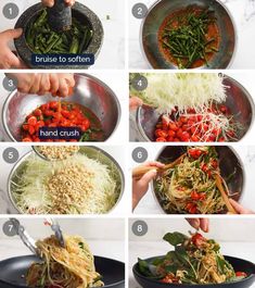 the steps to make vegetable stir fry in a skillet with noodles, tomatoes and other vegetables