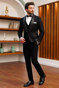 Black Formal Suits Men, Tuxedo Three Piece For Men, Suite For Wedding Men, 3 Piece Suit For Groom, Black Tux For Wedding, Outfit For Engagement Men, Black Tuxedo Suit For Men, Tuxedo For Men Reception, Black Suit For Reception Men