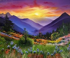 a painting of mountains and flowers at sunset