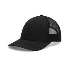 the black trucker hat is shown with mesh on the front and side paneling