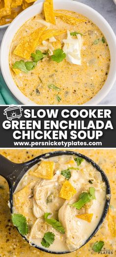 slow cooker green enchilada chicken soup in a white bowl