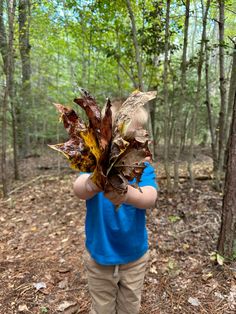 a young boy holding up leaves in the woods