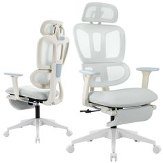 two white office chairs sitting next to each other