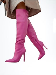 Pink Side Zip Knee High Stiletto Boots Trendy Fitted High Heel Boots, Elegant Pink Heels For Fall, Pointed Toe Knee-high Boots For Night Out In Spring, Elegant Pink Heeled Boots For Spring, Trendy Fitted Heeled Boots With 4-inch Heel, Pink High Heeled Boots For Fall, Fall Pink Pointed Toe Knee-high Boots, Fall Pink Knee-high Boots With Pointed Toe, Chic Pink Heeled Boots With Pointed Toe