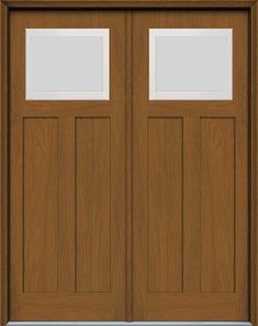 a wooden door with two glass panels