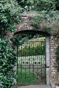 an iron gate with vines growing over it and the top part of the door is open