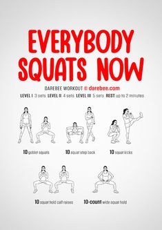 an exercise poster with the words everybody squats now in red and black on a white background