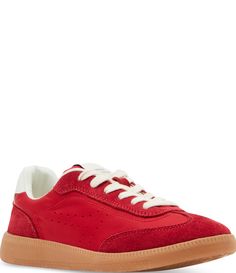 From Steve Madden&#x2C; the Duo Leather Suede Gum Sole Retro Sneakers feature:Leather&#x2C; suede&#x2C; and synthetic upperLace-up designSynthetic liningSynthetic outsoleApprox. 1" platform heightImported. Red Suede Sneakers With Rubber Sole, Red Leather Sneakers With Textured Sole, Red Suede Slip-on Leather Shoes, Red Suede Slip-on Sneakers, Red Low-top Sneakers With Textured Sole, The Duo, Shoe Shelf, Retro Sneakers, Red Suede