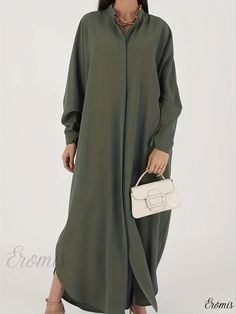 Eromis - Womens Plus Size Ethnic Abaya Dress: Elegant Maxi Jalabiya Dress with Solid Batwing Sleeves and Round Neckline Green Tunic Abaya For Eid, Elegant Long Sleeve Green Thobe, Jalabiya Dress, Abaya Dress, Dress Elegant, Batwing Sleeve, Bat Wings, Round Neckline, Plus Size