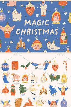 an illustrated christmas card with the words, magic christmas on it and various cartoon characters