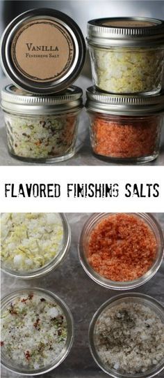 four jars filled with different types of salts and seasonings on top of each other