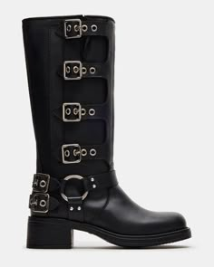 ROCKY Black Leather Knee-High Moto Boots | Women's Boots – Steve Madden Steve Madden Rocky Boots, Alternative Style Knee-high Moto Boots, Leather Moto Boots With Chunky Platform Knee-high, Black Knee-high Platform Moto Boots, Leather Knee-high Moto Boots With Rivets, Rocky Boots, Engineer Boots, An Engineer, Leather Wear