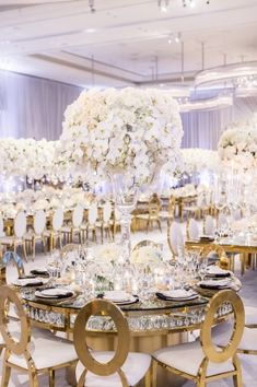 the tables are set with white flowers and gold chairs