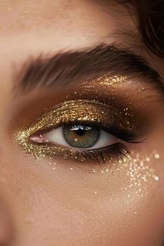 22+ Glamorous Gold Eyeshadow Ideas Disco Party Eye Makeup, Gold Makeup Brown Eyes, Brown And Gold Makeup Looks, Gold And Brown Makeup, Brown And Gold Makeup, Gold Shimmer Makeup, Makeup Ideas Gold, Gold Photoshoot Ideas, Gold And Brown Eye Makeup