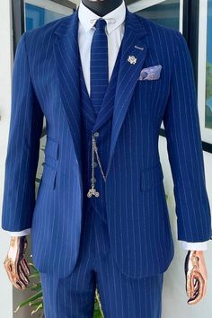 Elegant Tailored Pinstripe Sets, Fitted Pinstripe Elegant Set, Elegant Striped Three-piece Suit With Notch Lapel, Elegant Fitted Suit With Vertical Stripes, Elegant Striped Formal Sets, Elegant Striped Three-piece Suit, Elegant Fitted Striped Sets, Elegant Striped Fitted Sets, Elegant Tailored Suits With Vertical Stripes