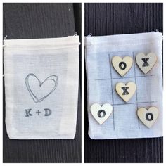 two pictures with hearts and letters on them, one is made out of wood the other has buttons