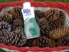 a basket filled with lots of pine cones and a tube of deodorant