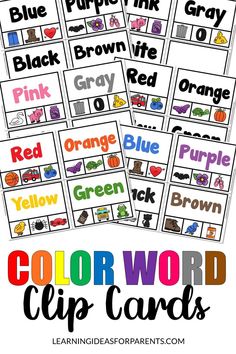 color word clip cards with the words orange, red, blue and green on them