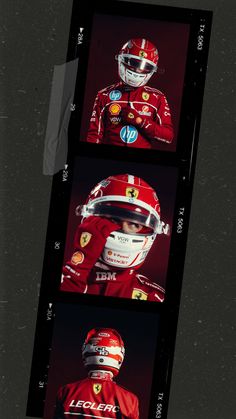 three different shots of a man in a red racing suit and helmet with his hands on his hips