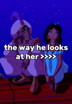 two cartoon characters sitting next to each other with the caption that reads, the way he looks at her > >