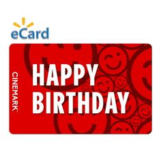 a red happy birthday card with smiley faces and the words happy birthday written on it