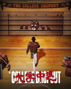 the college dropout movie poster with an image of a man walking towards a basketball court