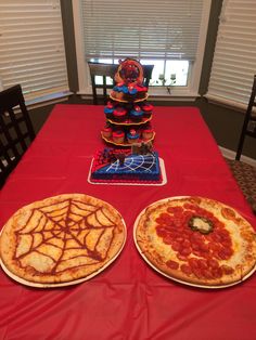 two pizzas sitting on top of a red table