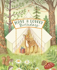 a birthday card with an image of a deer and mushrooms in the woods, surrounded by trees