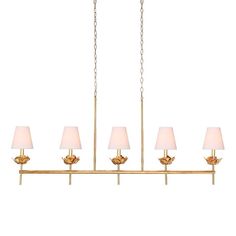 a brass chandelier with five lamps hanging from it's sides and four shades on each side