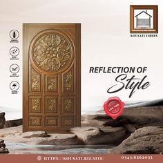 a wooden door with an ornate design on it and the words reflection of style written below