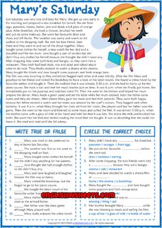 mary's saturday worksheet with answers and questions for students to use in the classroom