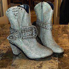 New W/O Tags Never Worn In Perfect Condition! Winter Bling Boots, Fitted Bling Boots With Round Toe, Fitted Round Toe Boots With Bling, Sparkly Boots, Boot Bling, Cowgirl Boots, Bootie Boots, Ankle Boots, Women Shoes