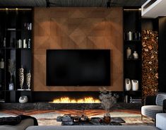 a modern living room with fireplace and entertainment center