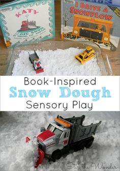 the book inspired snow dough is in front of two children's books and one child's toy truck