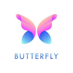 the butterfly logo is designed in blue, pink and purple colors with an orange wing