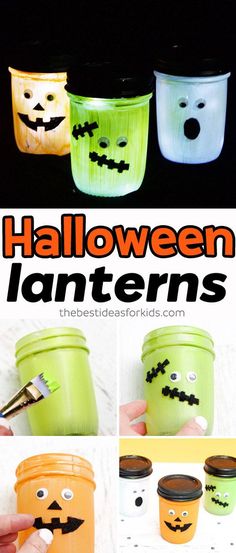 halloween lanterns made out of plastic cups with faces painted on them and the words, halloween lanterns