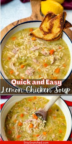 two bowls of lemon chicken soup with toasted bread on the side and in front