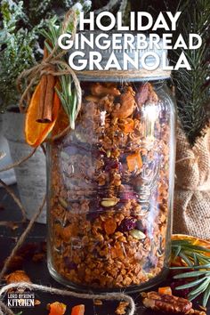 a jar filled with granola sitting on top of a table