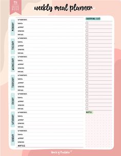 the printable weekly meal planner is shown in pink and blue with an abstract background